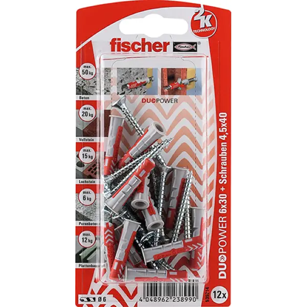 Fischer Dybel DuoPower S Inkl. Skrue - 6x30mm - 12 stk | Premium