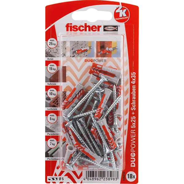 Fischer Dybel DuoPower S Inkl. Skruer - 5x25mm - 18 stk - Få tilbage