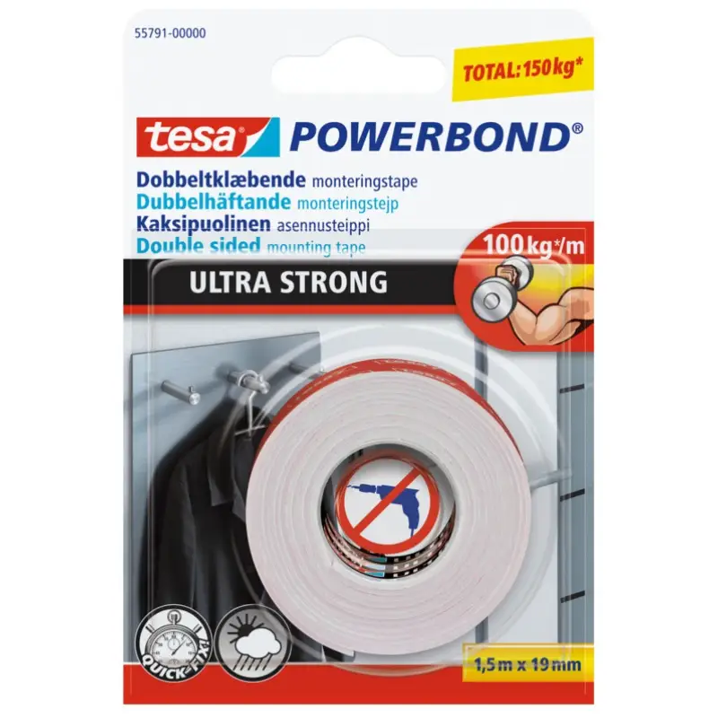 Netop tilføjet | Tesa, Dobbeltklæbende monteringstape, Powerbond Ultra Strong, 19 mm x 1,5 m