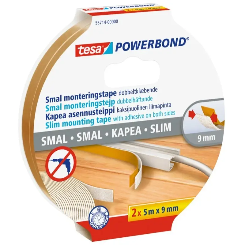 Premium | Tesa, Dobbeltklæbende monteringstape, Powerbond, 9 mm x 5 m, 2-pak