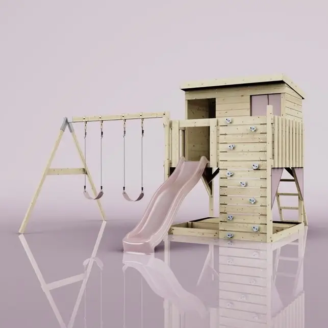 God pris - OutdoorToys Nils, Legetårn m/gyngemodul og lyserød rutsjebane, 396x415x260 cm