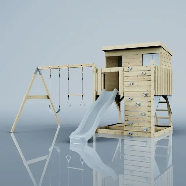 Bestil direkte | OutdoorToys Nils, Legetårn m/gyngemodul og blå rutsjebane, 396x415x260 cm