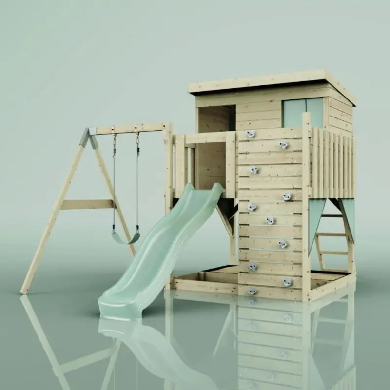 Køb nu | OutdoorToys Tjorven, Legetårn m/gyngemodul og mintgrøn rutsjebane, 306x415x260 cm